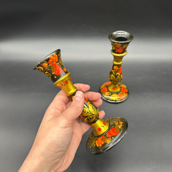 Vintage Khokhloma Candlesticks Hand Painted Russian Floral Fruit Folk Art Wooden - Picture 12 of 12